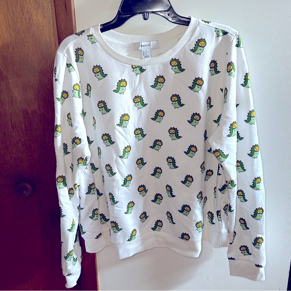 Forever 21 + White Sweatshirt with Dinosaur Teddy Bear Print